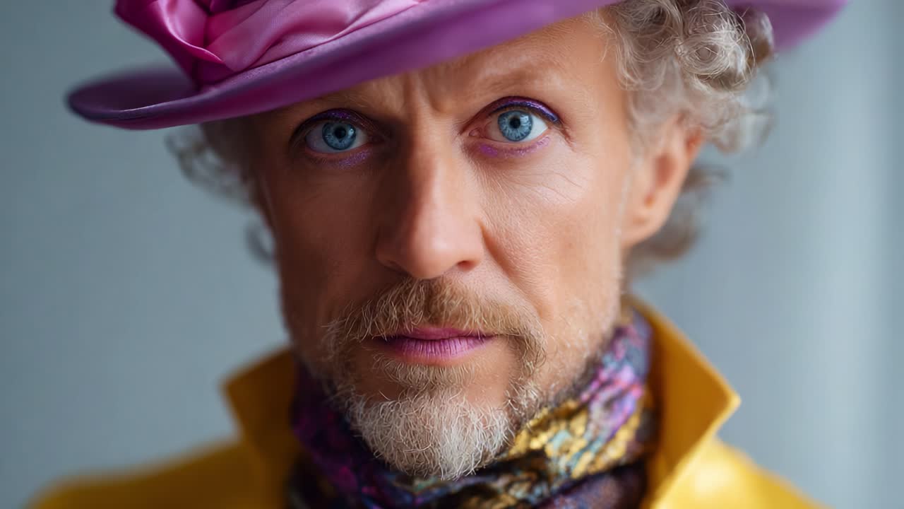 Ein markantes Porträt einer modischen Person mit fesselnden blauen Augen, einer unverwechselbaren Frisur und farbenfroher Kleidung, das einen kühnen Stil und Ausdruck umfasst