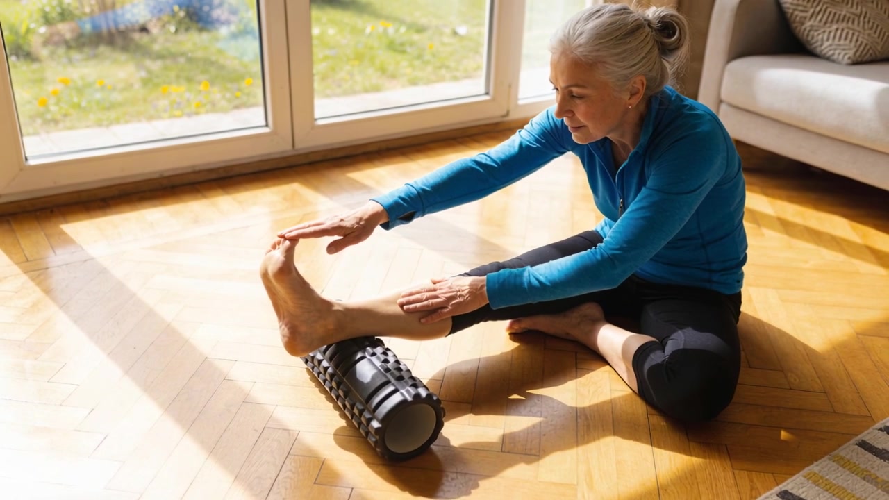 Starting foam roller under leg, senior woman blue top black pants stretching foot near glass doors