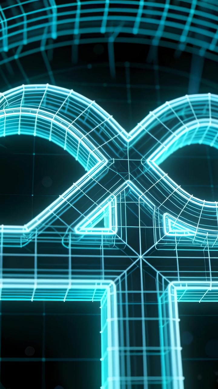 Video verticale: Emblema wireframe ciano pulsante che ruota nel vuoto all'inizio, la telecamera mostra una griglia ad anelli.