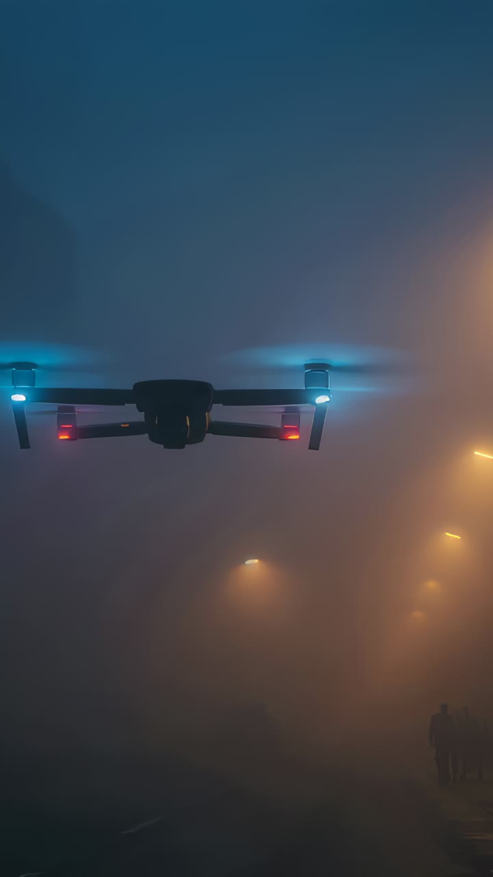 Vertical video: Hovering drone drifting after RC input to film people on city road with blue LEDs