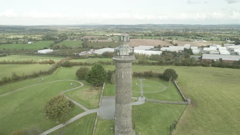 lloyd tower en kells, irlanda, mostrando la estructura histórica en medio de campos verdes, vista aérea