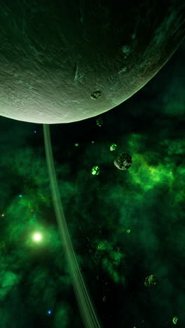 green planet with rings in space