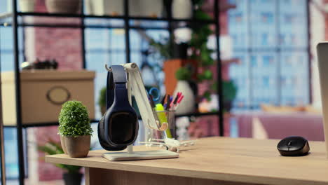 empty modern studio apartment with an office desk used for freelancing