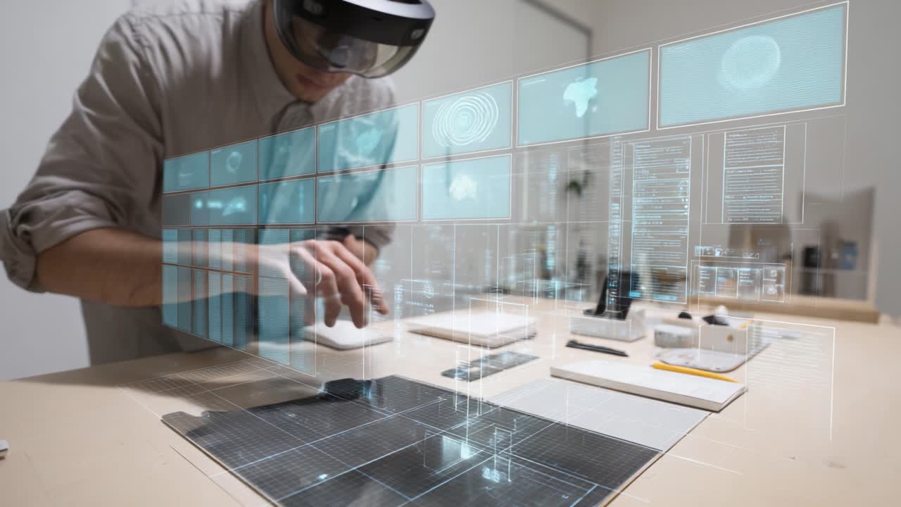 Exploring Augmented Reality Technology: A Person Interacting with 3D Data Visualizations Displayed in a Modern Workspace Using Advanced Mixed Reality Glasses for Innovative Applications