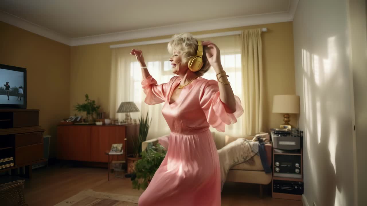 A joyful elderly woman dances in a cozy living room, wearing headphones