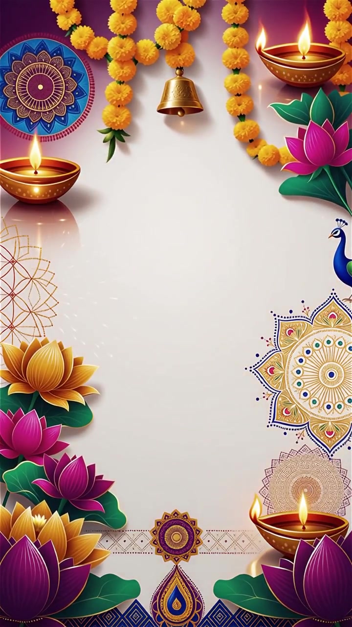 Sfondo Diwali con Diyas luminosi, Rangoli e fiori di loto