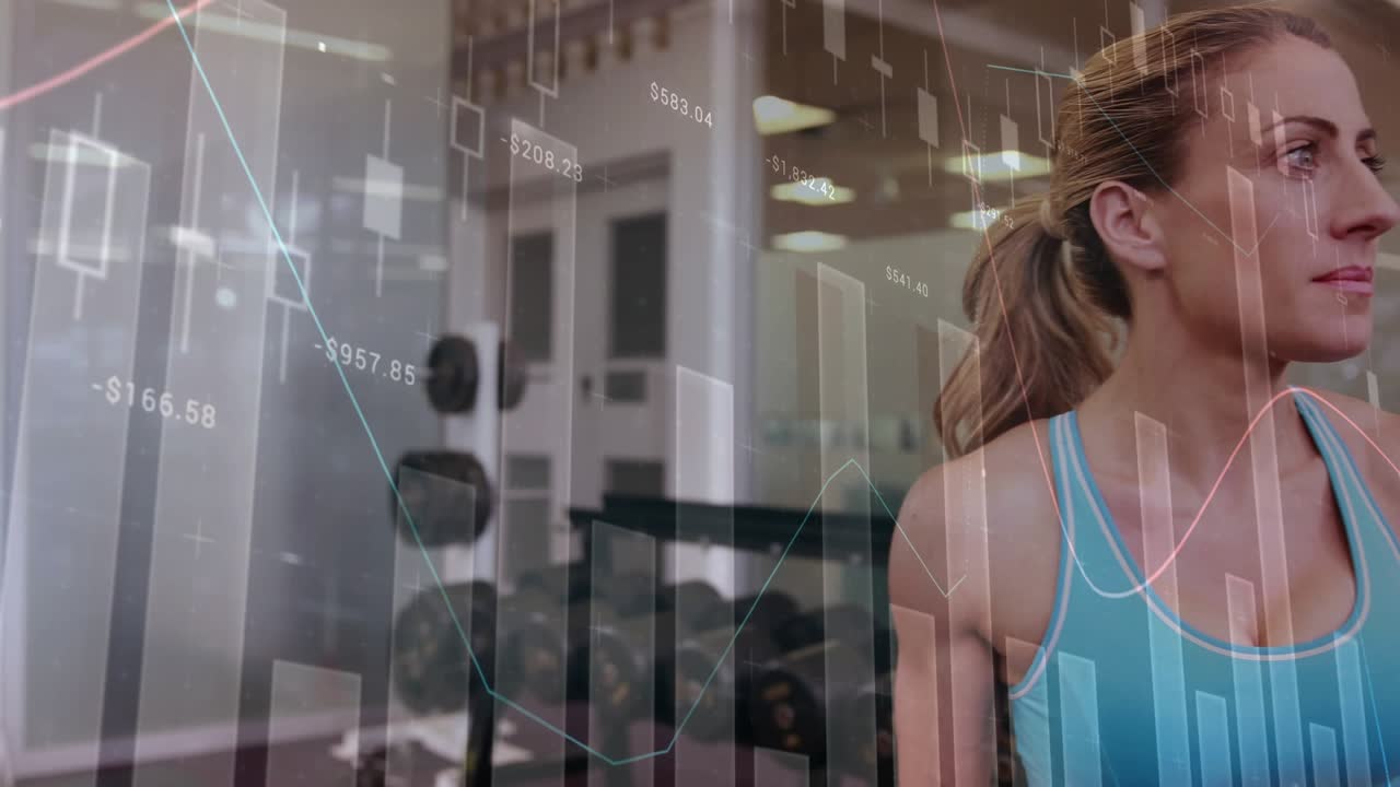 Fit woman sipping blue bottle entering from right, fitness with finance chart overlay for hydration