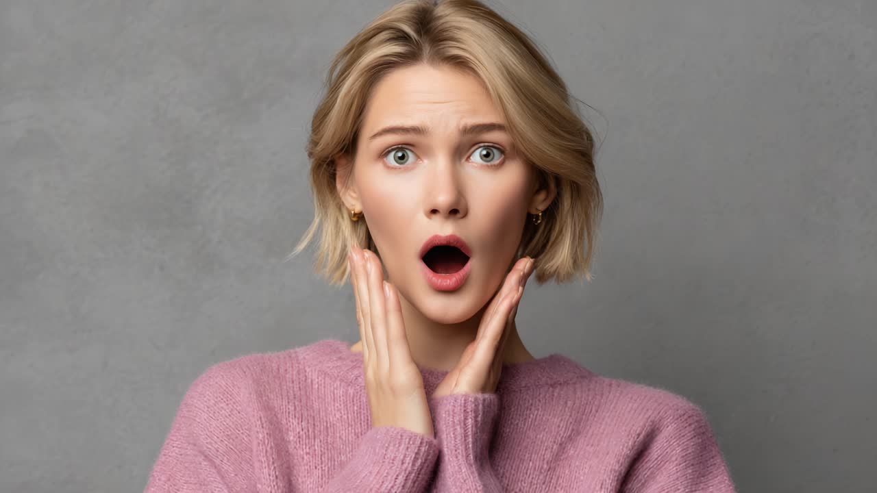 Astonished Woman Expressing Surprise and Shock in a Soft Pink Sweater Against a Gray Background, Capturing a Moment of Genuine Emotion and Reaction
