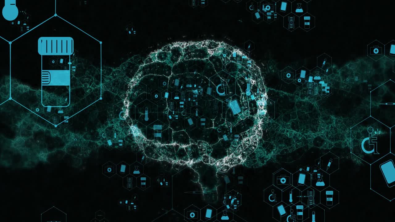 Animation of medical icons and brain on black background