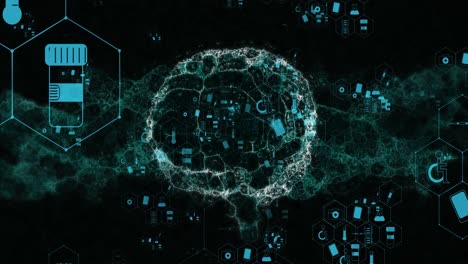 animation of medical icons and brain on black background