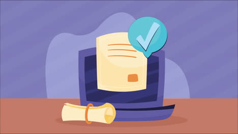 computadora portátil con animación de diploma