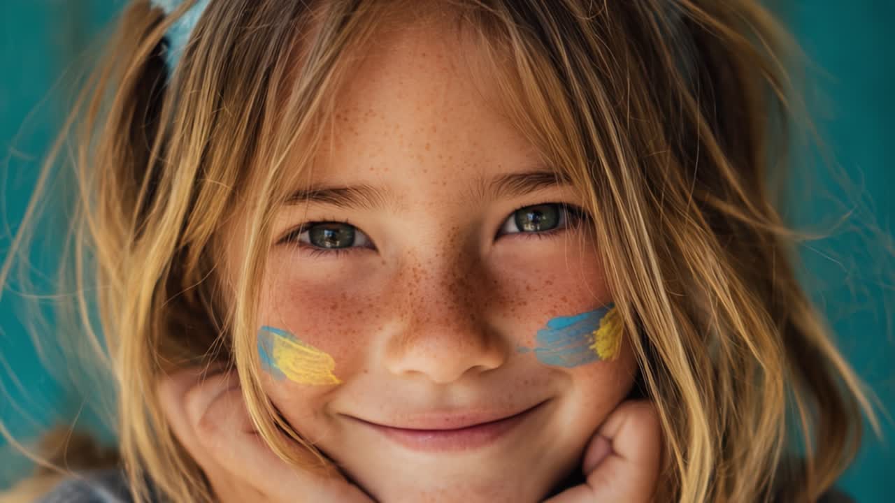 Uma criança jovem e alegre com pintura facial vibrante, exibindo um sorriso feliz cheio de positividade, inocência e espírito brincalhão, que encarna a essência da alegria infantil