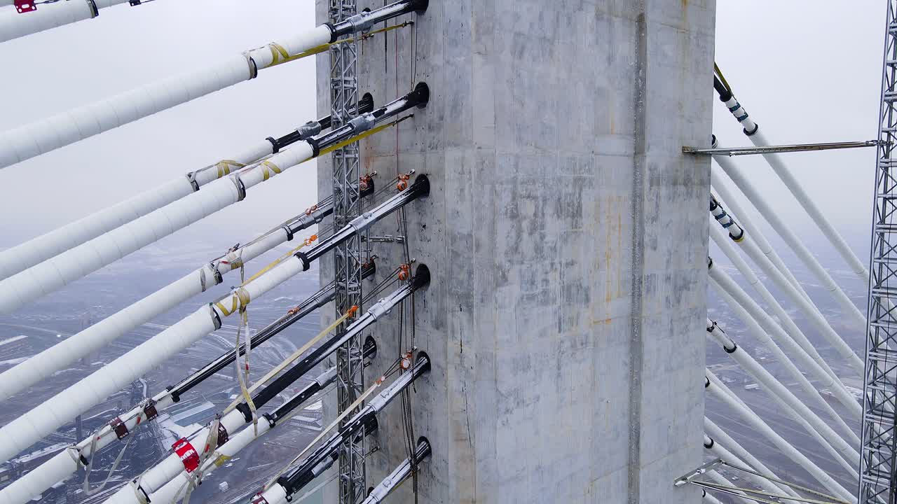 Close-up of Gordie Howe Bridge anchor box with cable anchor points