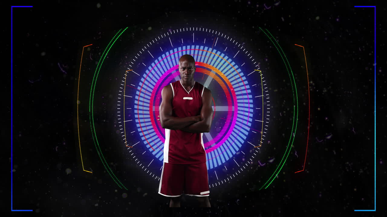 animación de un deportista afroamericano con los brazos cruzados sobre el escáner en fondo negro