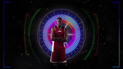 animation of african american sportsman with arms crossed over scope scanning on black background