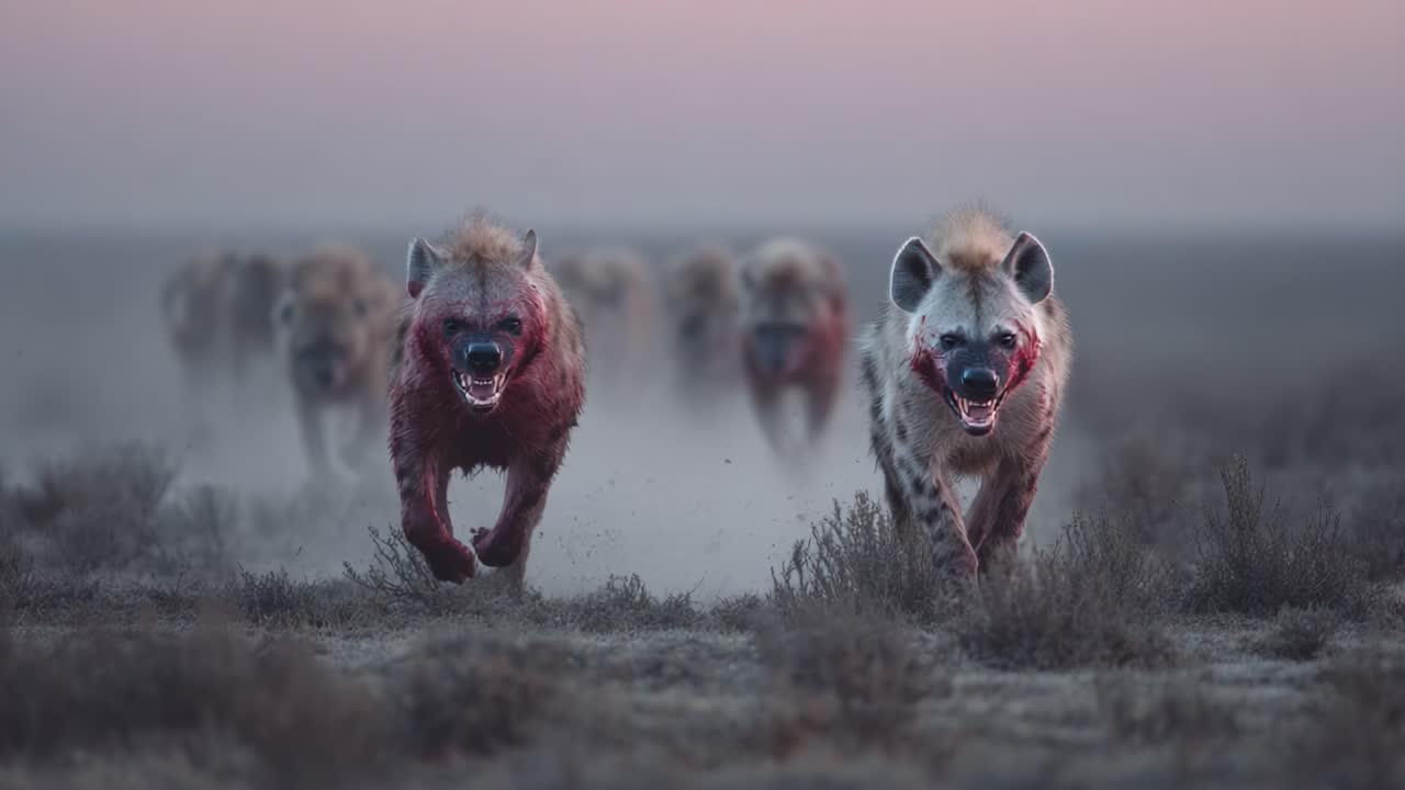 A Pack of Hyenas Charges Forward in a Dusty Landscape, Hunted Prey Leaving Blood Trails and Tension in the Air at Dusk