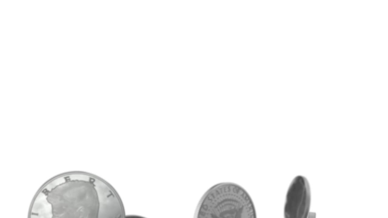 las monedas de medio dólar estadounidenses están cayendo sobre un fondo blanco en resolución 4k con canal alfa.