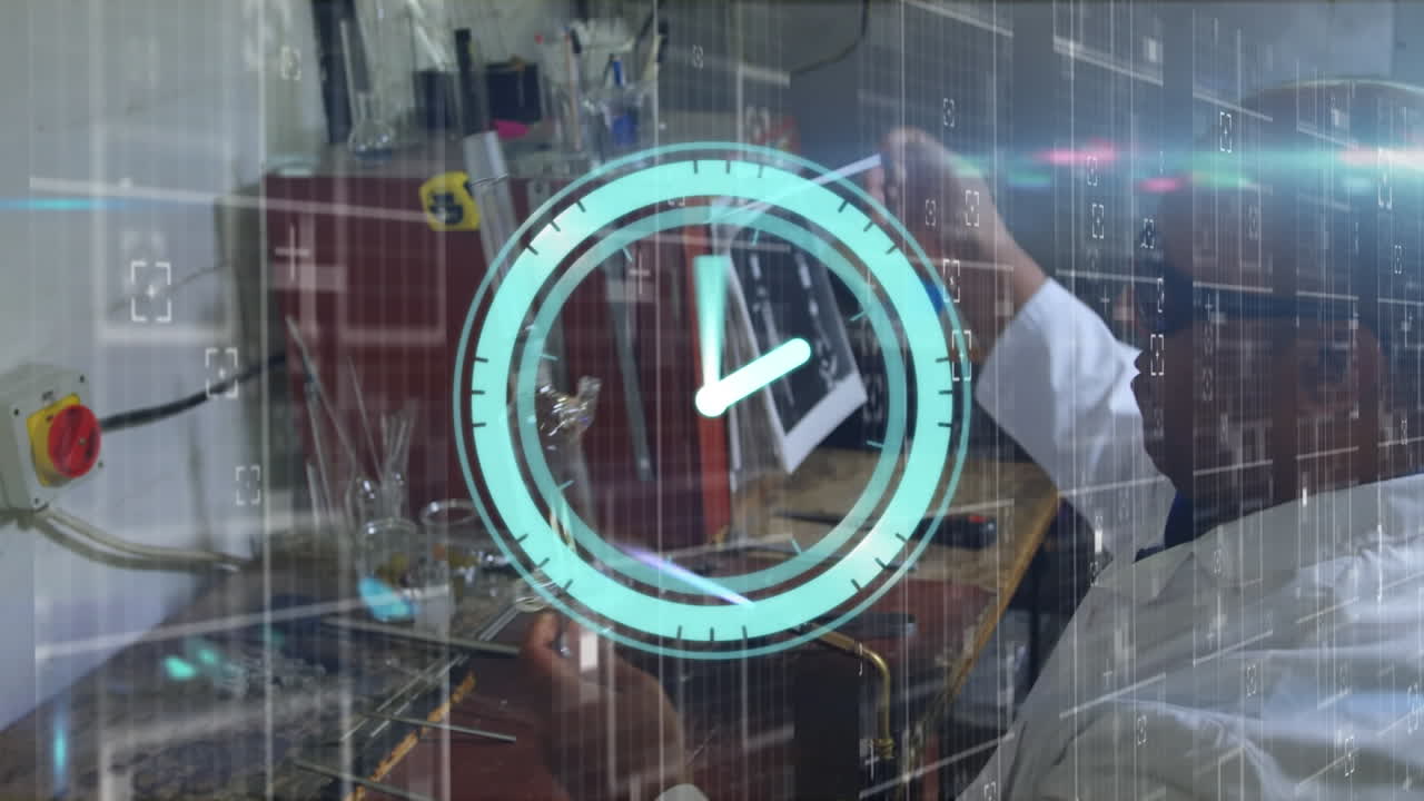 Animation of moving clock over biracial male scientist working in lab