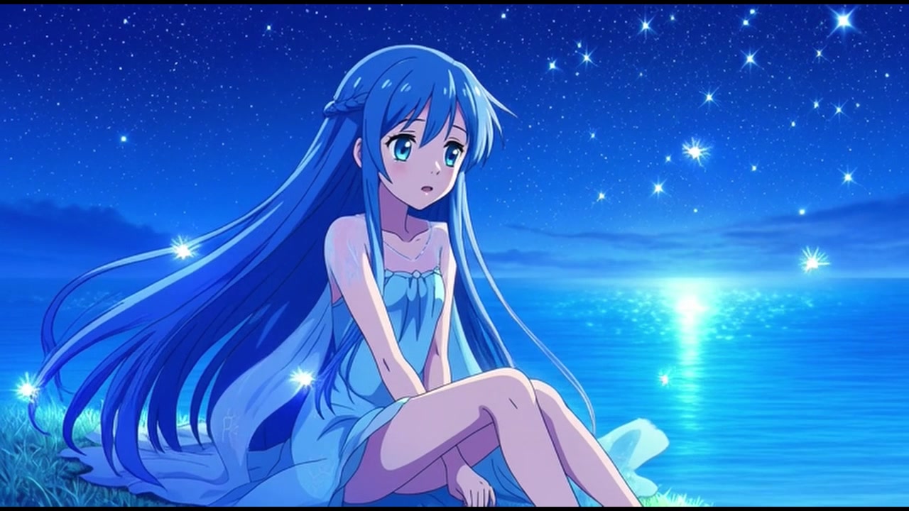 Ragazza anime seduta in riva all'oceano sotto un cielo notturno stellato