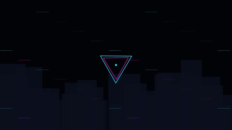 Abstract Neon Triangles Rotating Over Dark Cityscape