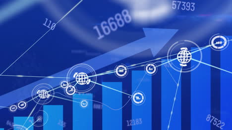 animation of network of connections with globe icons over financial data processing