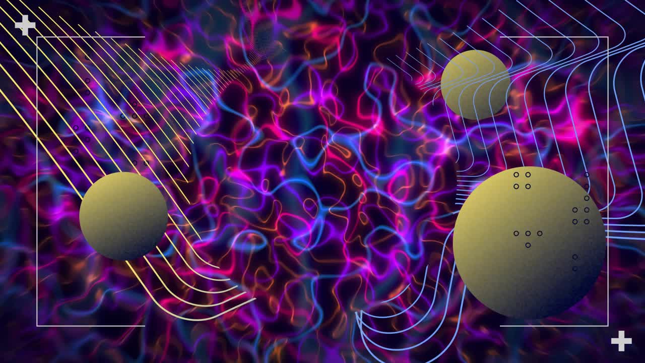 Groengele bollen zwevend door een neon golfscène, die rasterlijnen en hoeken van kaders verbinden