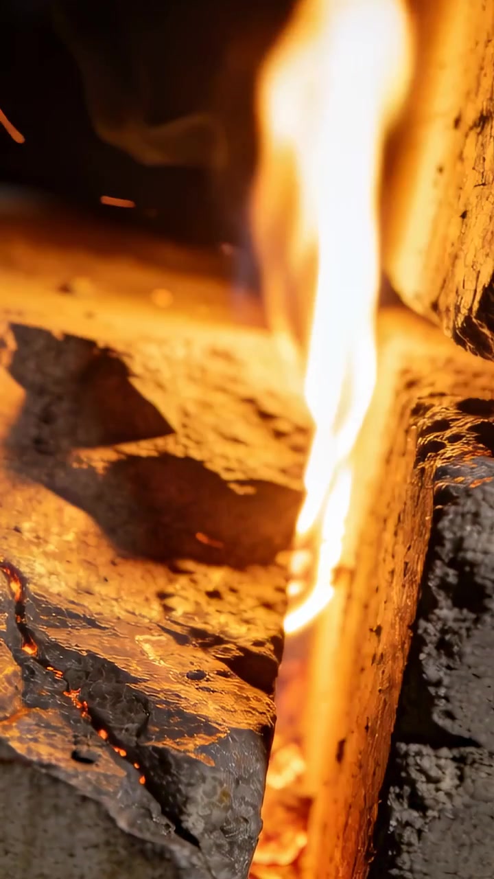 Video verticale: Carboni ardenti che riscaldano un tronco spaccato, fiamma che sale lungo il bordo nel focolare e solleva scintille.