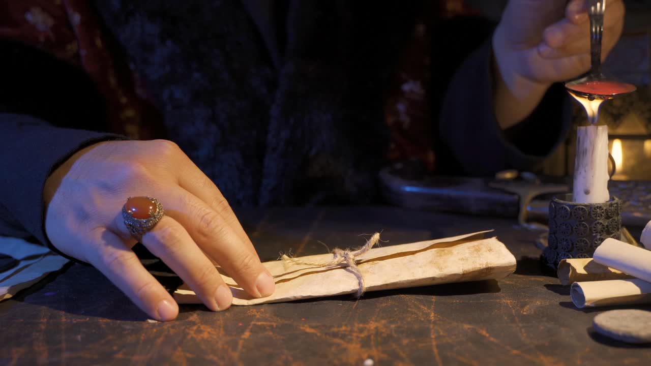 Historical document sealing scene.