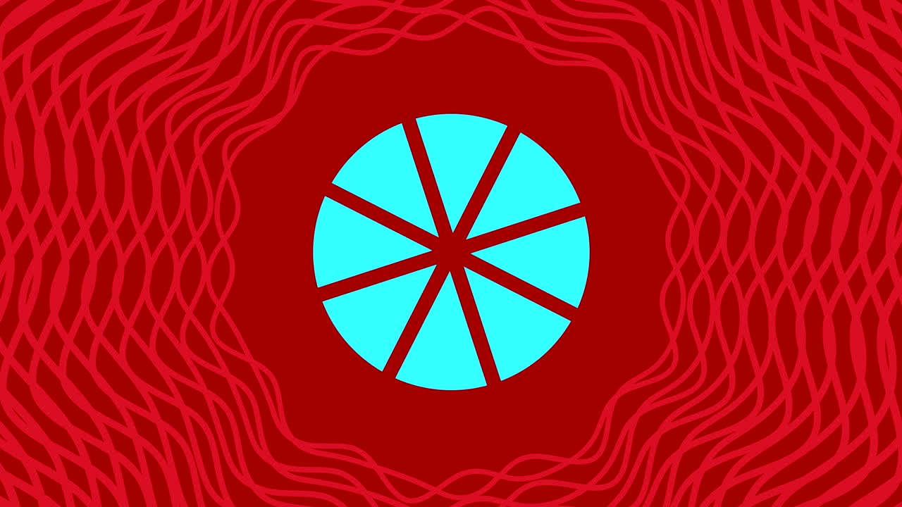 objeto gráfico que gira en el centro, aumentando y luego reduciendo el tamaño dentro de un marco gráfico, mientras que el fondo cambia rápidamente de color creando un efecto psicodélico, en formato de video 16: 9