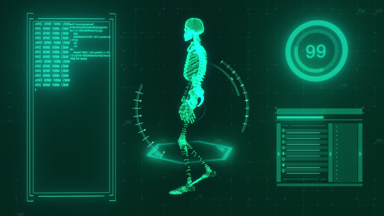 Technological concept. Walking 3d model of a skeleton on the background of technology. Green color. 3d animation