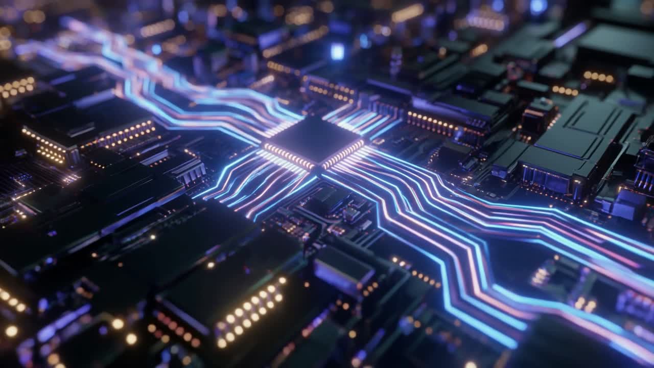 Glowing Data Streams on a High-Tech Processor Circuit Board