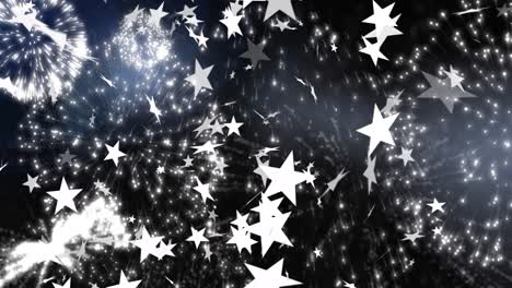 animation of white stars over christmas and new year fireworks on black background