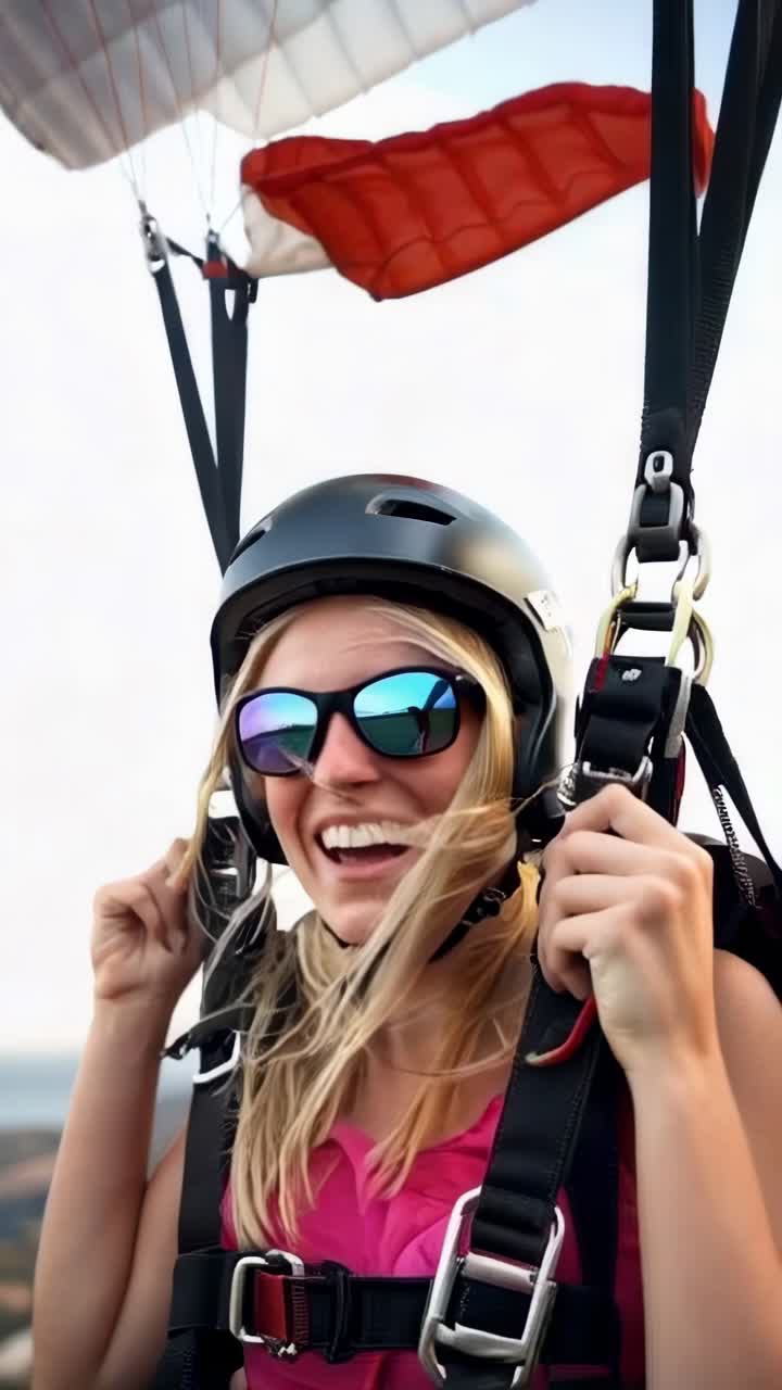 Jovem mulher feliz com capacete e óculos de sol, saltando de paraquedas, aproveitando a experiência