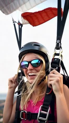 happy young woman with helmet and sunglasses, skydiving, enjoying the experience.