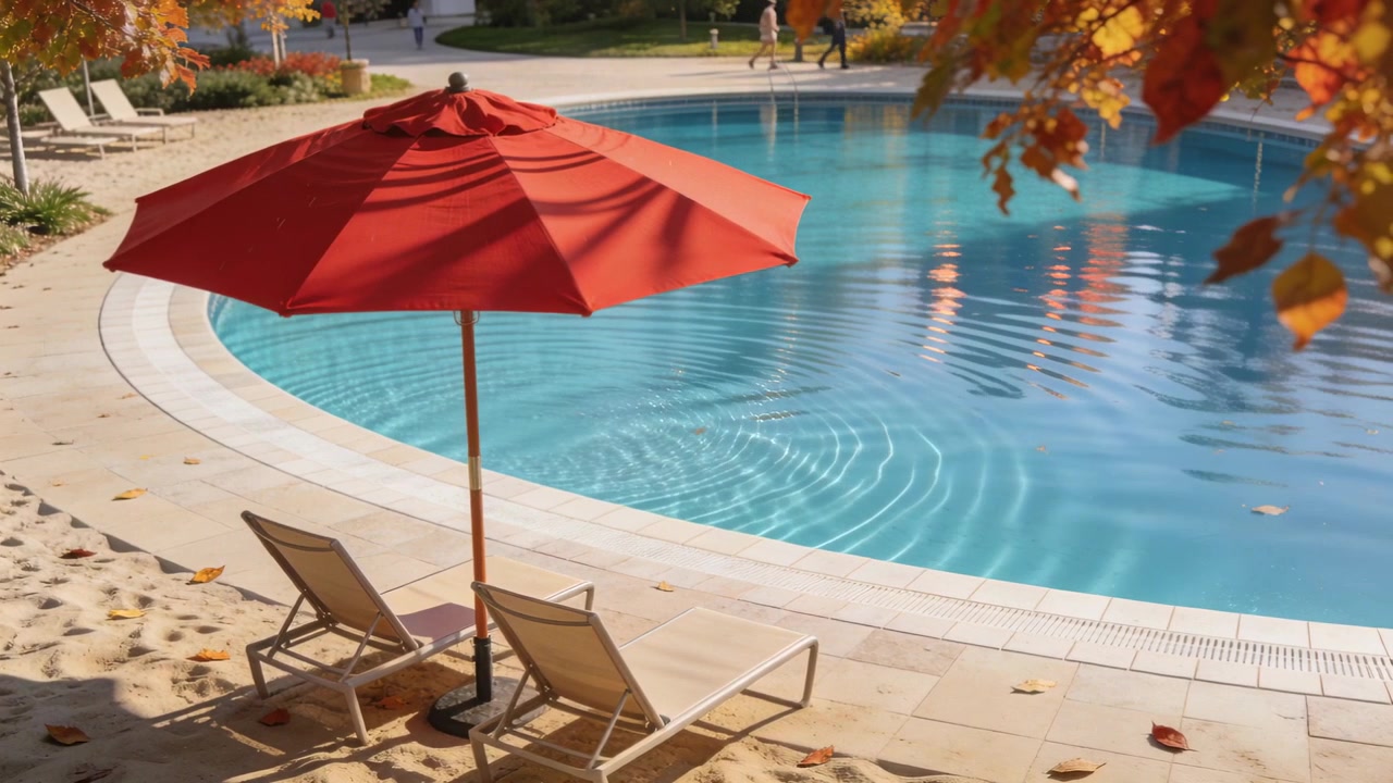Drifting leaf entering pool water near red patio umbrella and two lounge chairs, creating ripples