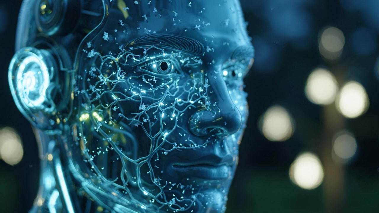 Androide trasparente futuristico con percorsi neurali illuminati che brillano in modo accattivante in un ambiente scuro e suggestivo con effetti bokeh sullo sfondo.