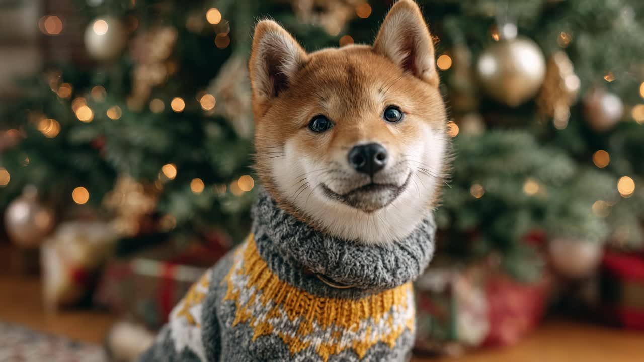 A Charming Dog in a Cozy Sweater Poses Cheerfully Against a Beautifully Decorated Christmas Tree, Radiating Festive Joy and Cuteness in a Warm Holiday Setting