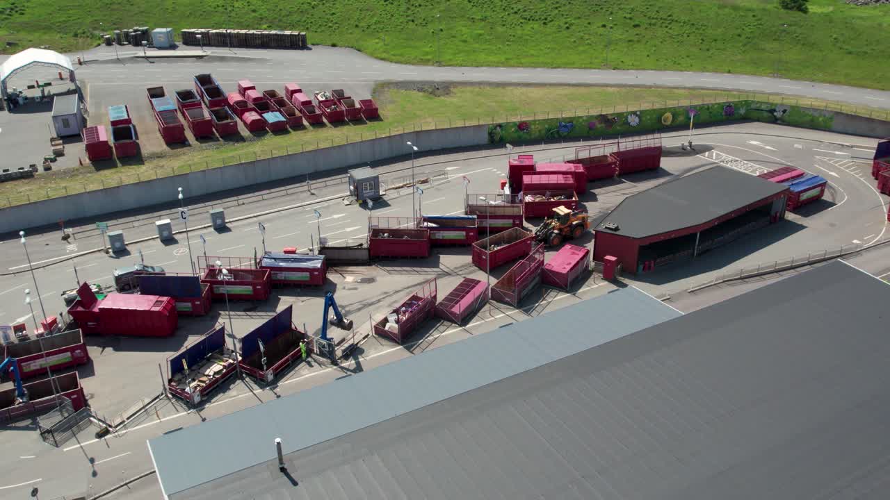 Truck Mounted With Trailer At Recycling Center Of Kikas Atervinningscentral In Molndal, Sweden. Aerial Shot