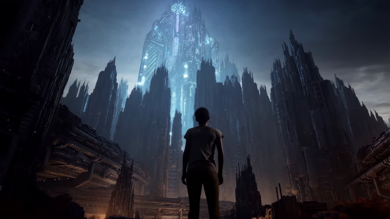 Person Standing Before a Massive Futuristic Cityscape