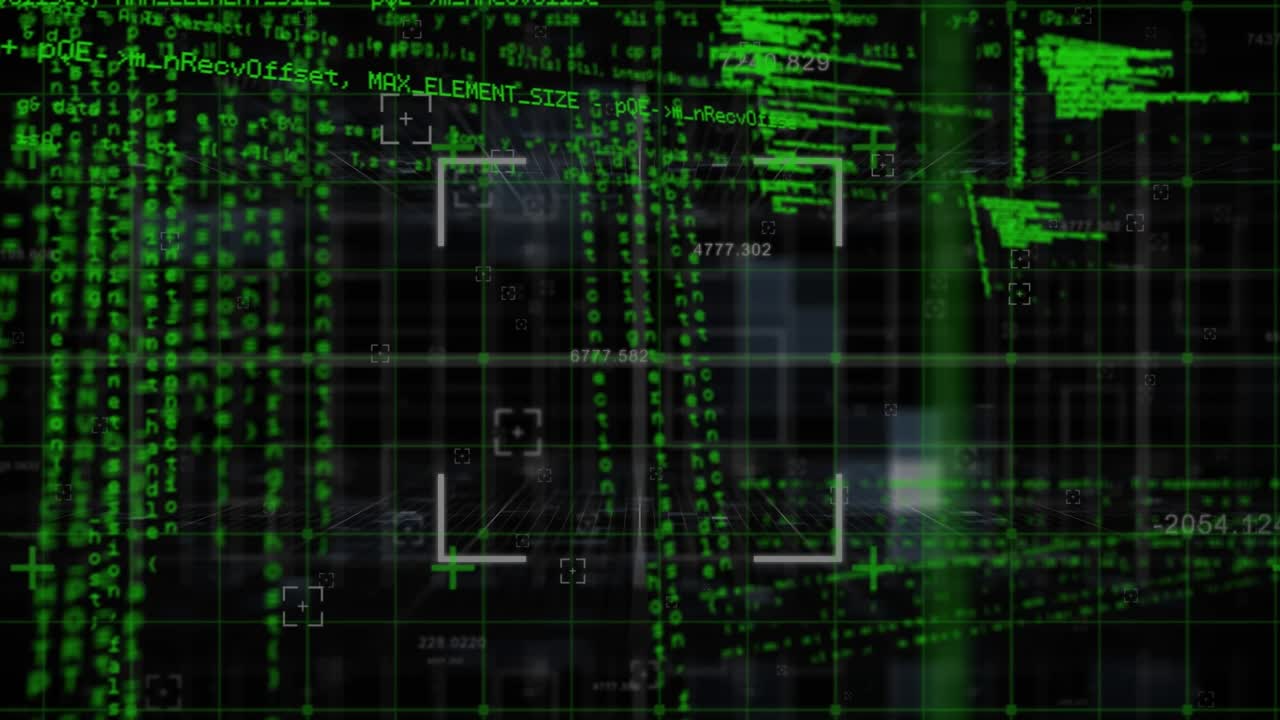 Animation of graphical infographic interface screen with programming data and grid pattern
