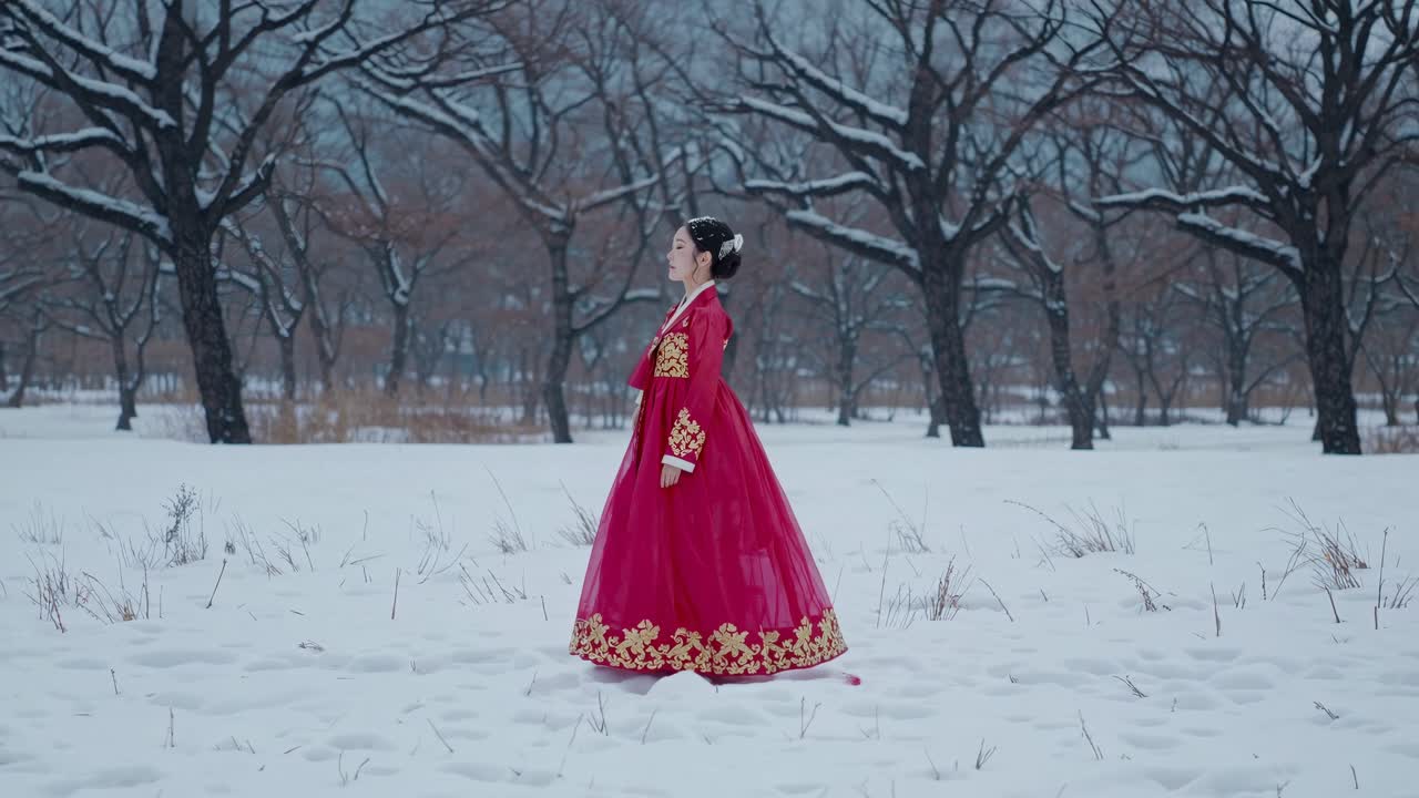 Side view of a woman in a red traditional dress standing in a snowy forest