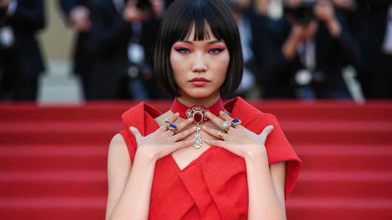 A Fashionably Elegance on the Red Carpet: Captivating Style and Bold Accessories Highlighting a Stunning Look in a Captivating Scarlet Ensemble