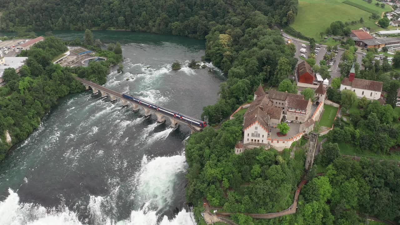 The rhine falls, with the castle and nearby bridge, aerial view