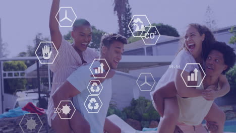 piggyback rides with animation of environmental data icons around young adults