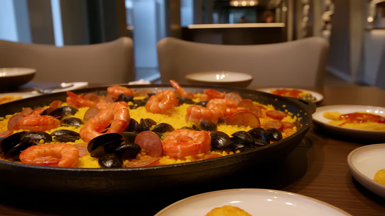 A large pan of seafood paella with shrimp, mussels, and sausage on a restaurant dining table
