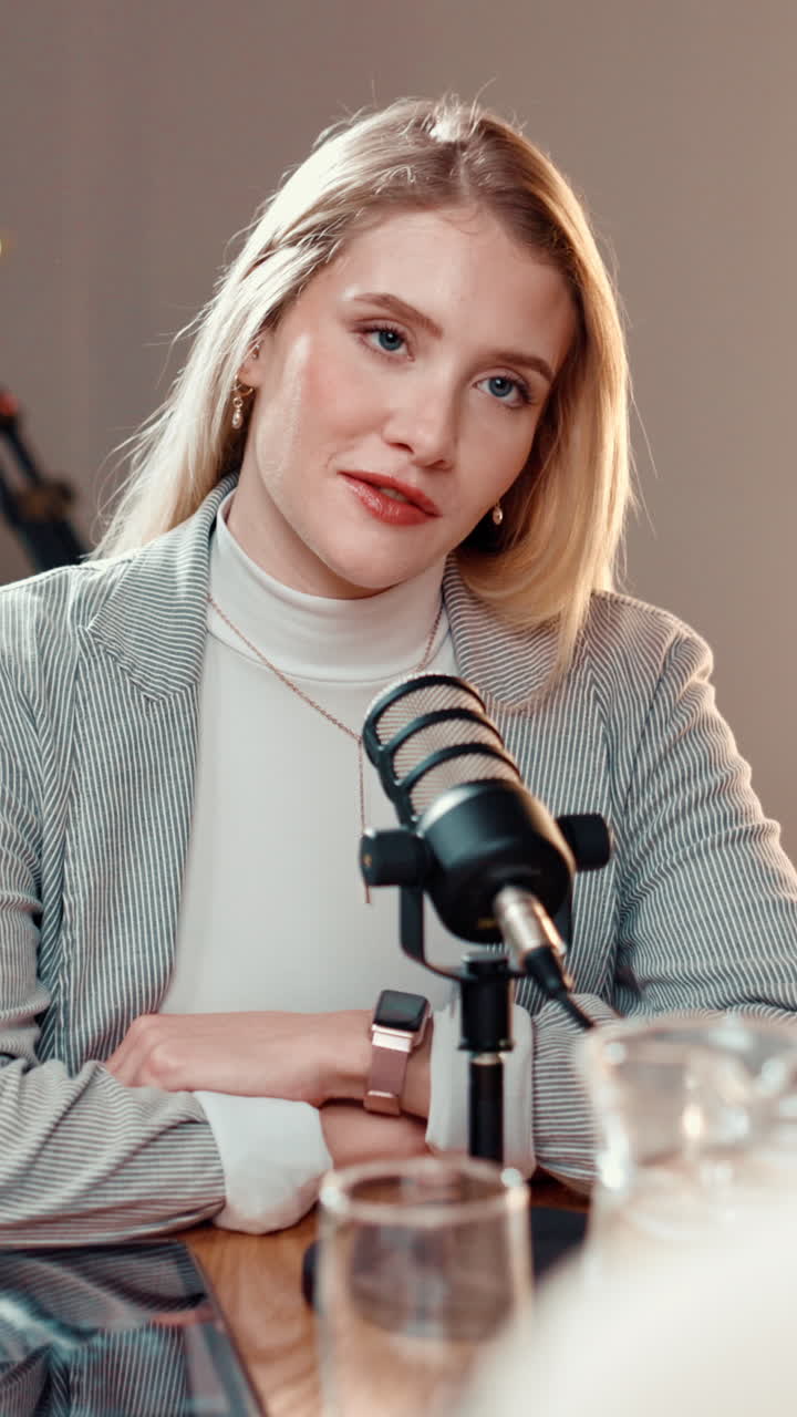 Woman recording a podcast with a microphone