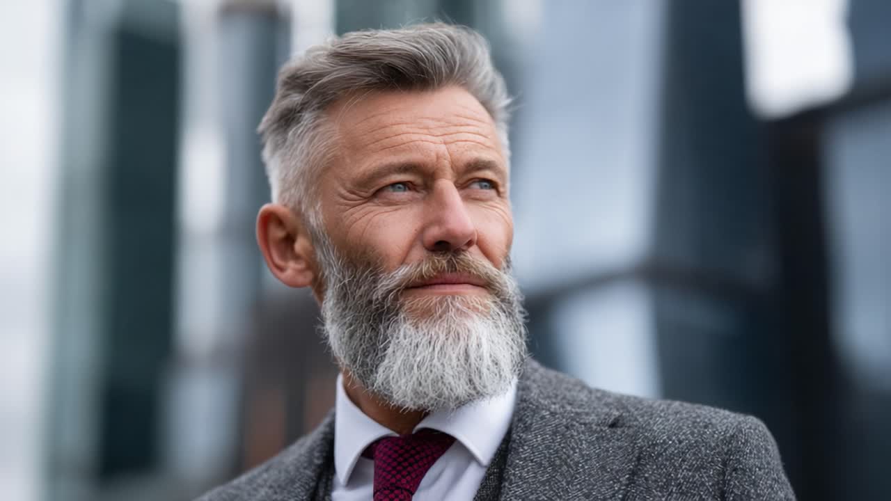 Confident Grey-haired Man in Tailored Suit Standing Against a Modern Urban Background, Reflecting Commitment and Professionalism in a Sophisticated Atmosphere