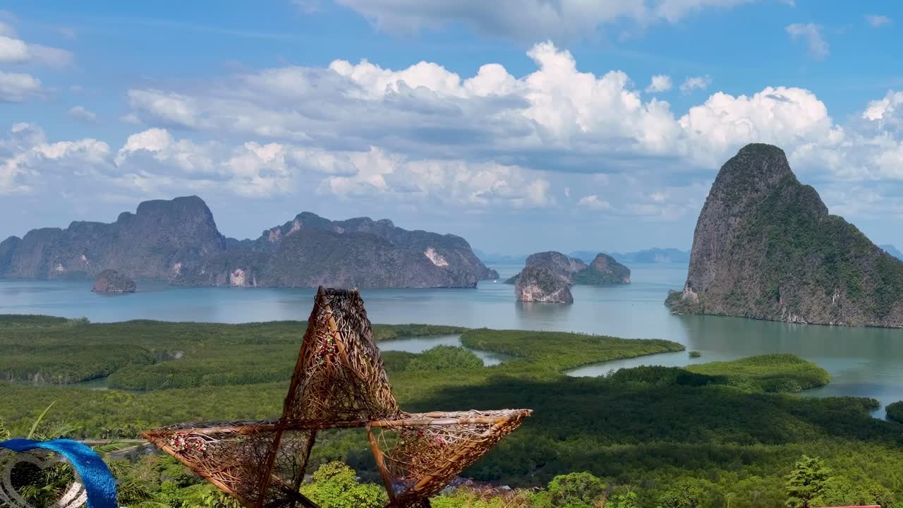 Panoramic view of lush greenery and limestone formations under a vibrant blue sky with scattered clouds.