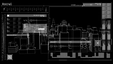 Futuristic cityscape with data analysis and performance metrics animation