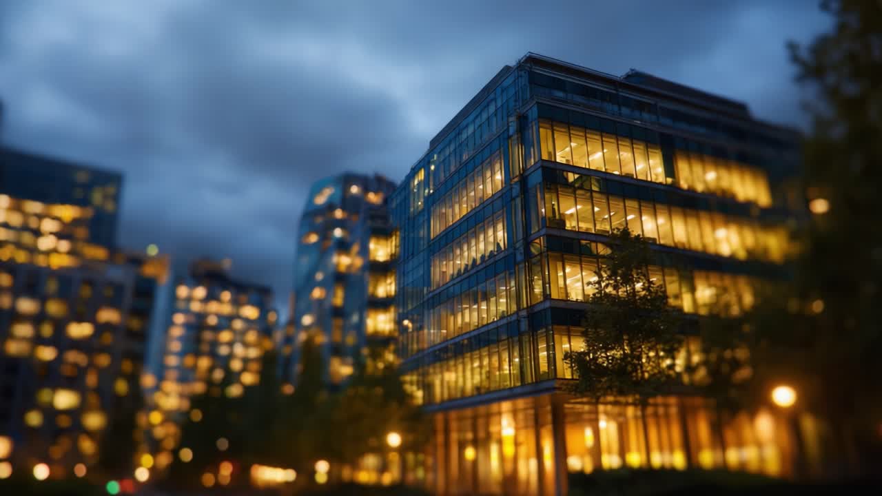 Arquitetura urbana cativante ao entardecer: um edifício moderno de vidro iluminado por luz quente em meio ao horizonte da cidade e ao céu dramático da noite, perfeito para fotografia noturna